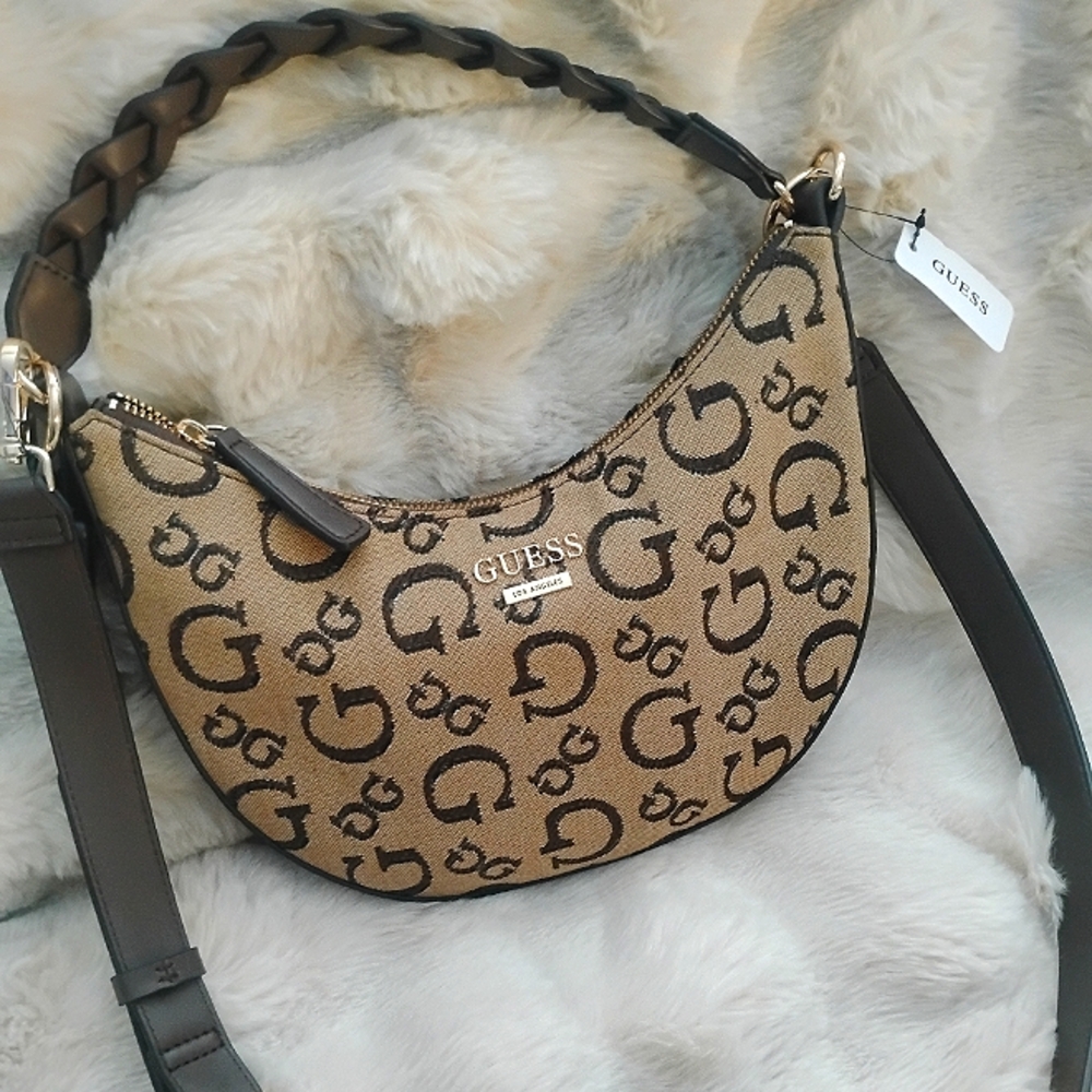 NWT Guess Brown and Black Shoulder Bag with Iconic Pattern
